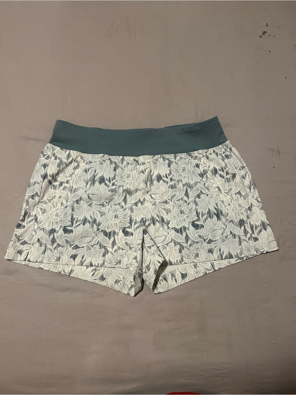 Athleta Teal Waistband White Floral Lace Athletic Shorts